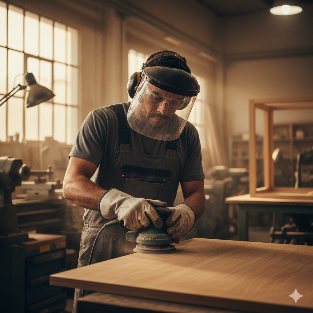 Hombre trabajando concentrado en un taller de carpintería, utilizando herramientas profesionales y equipo de seguridad, como parte de su programa de reinserción laboral.