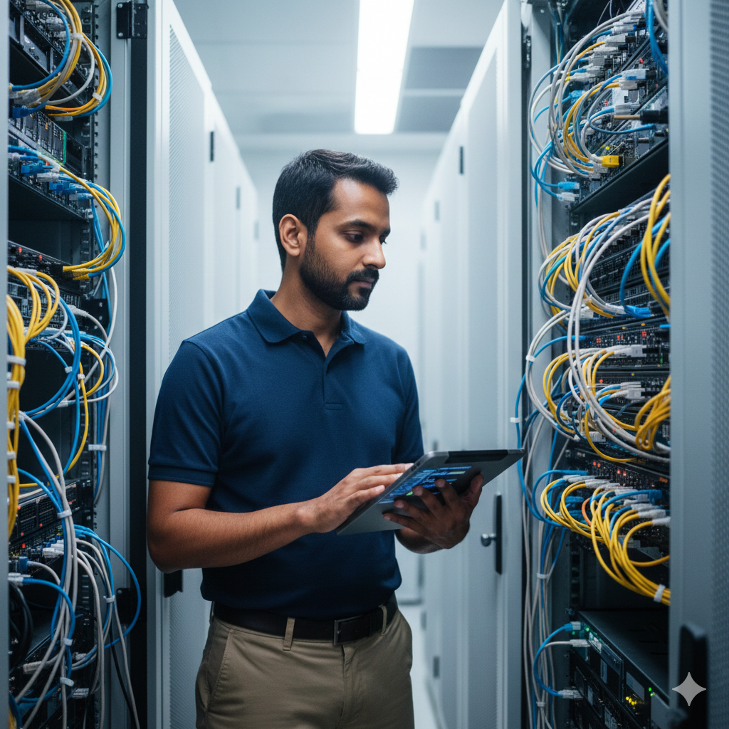 Ingeniero de sistemas revisando servidores físicos en un centro de datos real, consultando información técnica en una tablet.