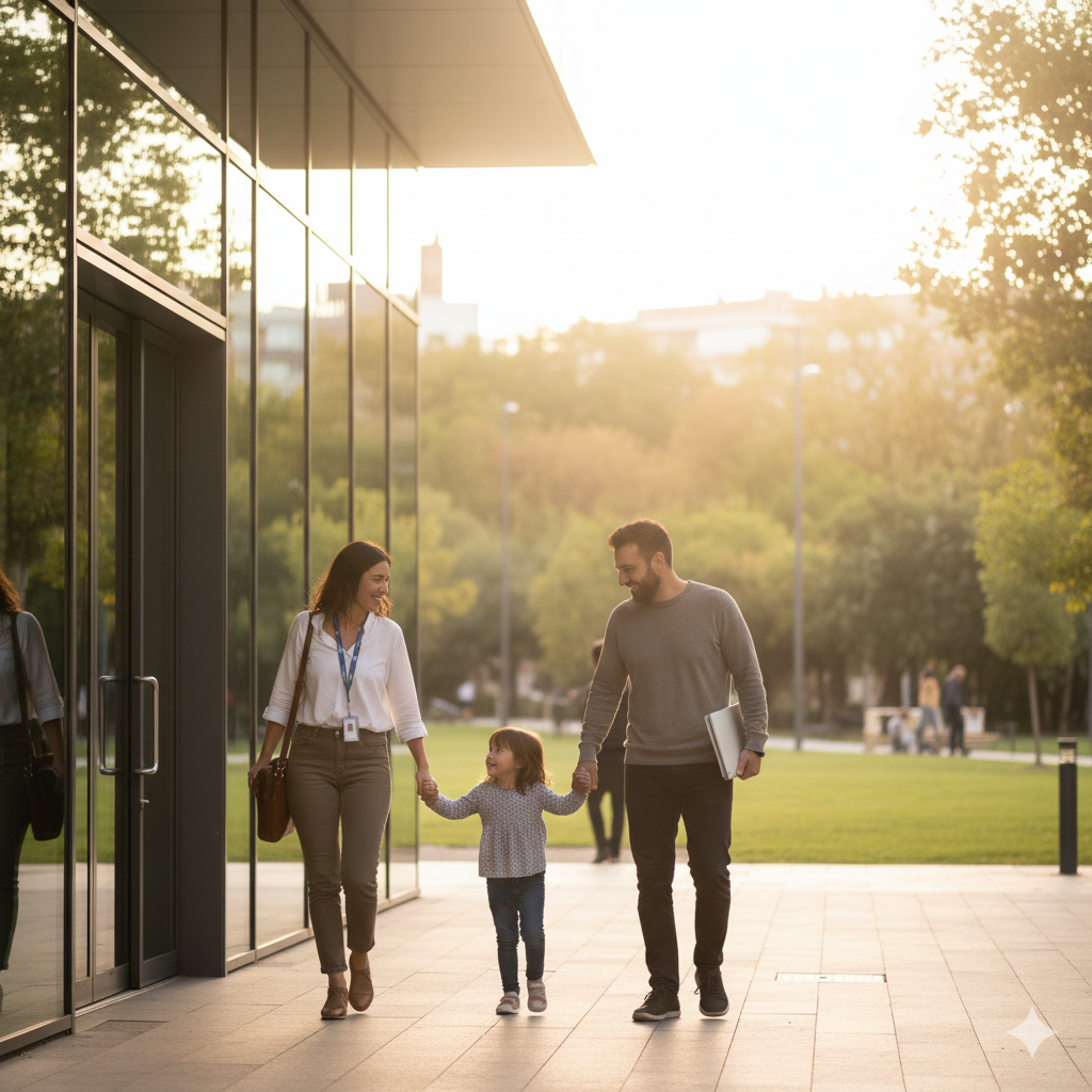 nvestigador saliendo de un edificio corporativo moderno para encontrarse con su pareja y su hijo en un entorno ajardinado al atardecer.