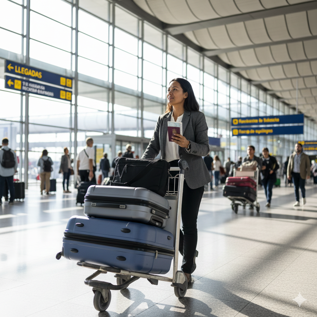 nvestigador profesional caminando con equipaje por la terminal de llegadas de un aeropuerto español, sosteniendo su documentación de viaje y residencia.