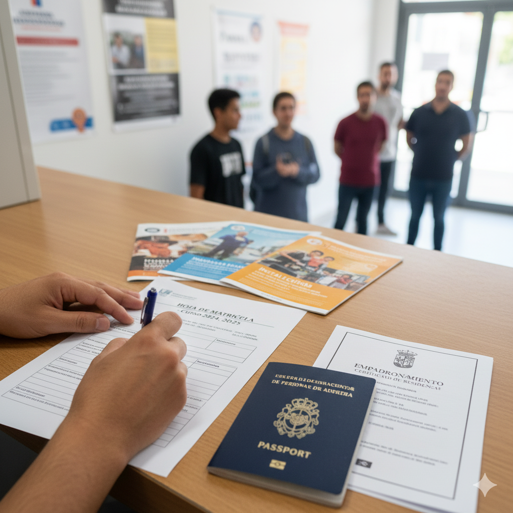 Primer plano de un solicitante rellenando el formulario de matrícula para un curso de formación profesional, rodeado de folletos de cursos y documentación personal.