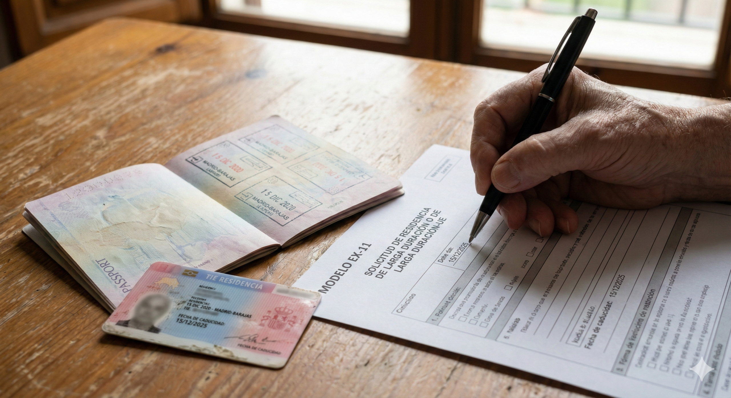 Primer plano del formulario EX-11 junto a un pasaporte con sellos antiguos, simbolizando el cumplimiento de los cinco años de residencia legal necesarios.