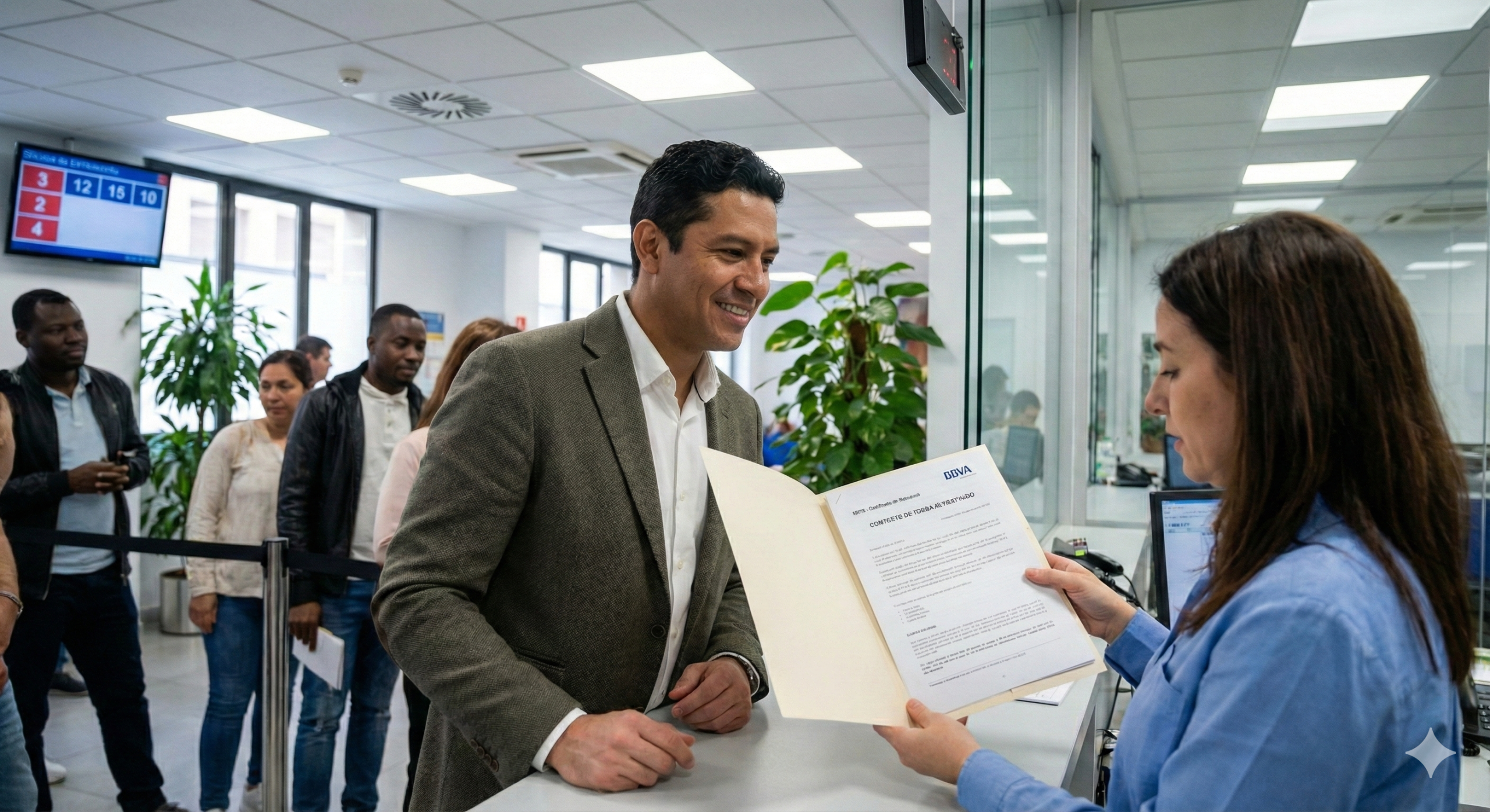 Solicitante presentando documentación económica (contrato de trabajo o certificado bancario) ante un funcionario español para validar su residencia.