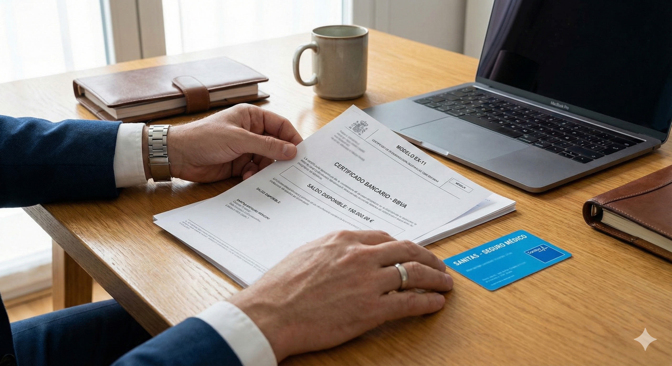 Detalle de documentación financiera y tarjeta de seguro médico privado sobre un escritorio, requisitos indispensables para la Larga Duración-UE.