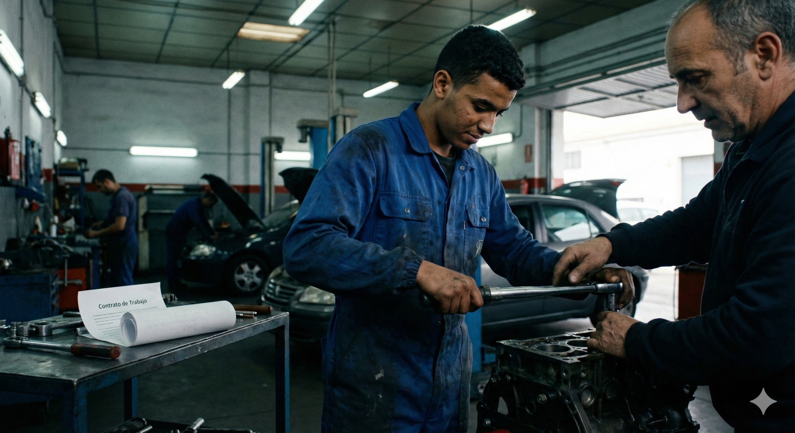 Joven extutelado trabajando con uniforme en un taller o cocina en España, mostrando su integración laboral tras alcanzar la mayoría de edad.