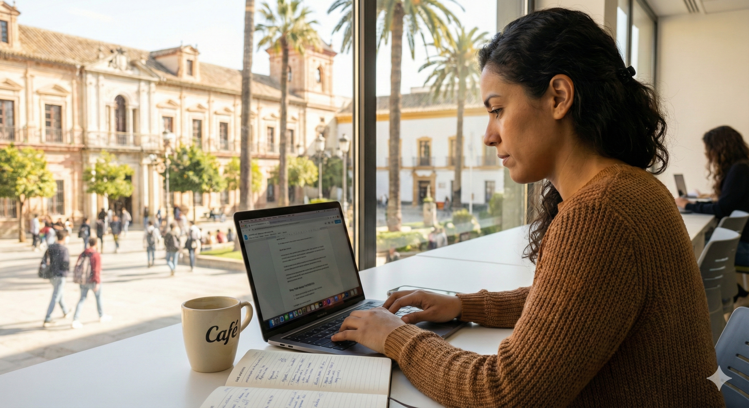 Egresado universitario trabajando en su currículum y búsqueda de empleo en un espacio de trabajo, aprovechando la autorización de residencia post-estudios.