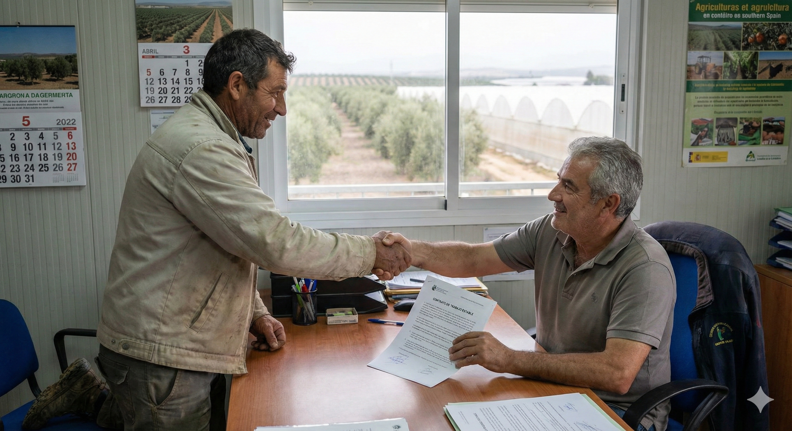 Trabajador agrícola firmando un contrato de trabajo indefinido con su empleador, tras haber cumplido con sus compromisos previos como temporero.