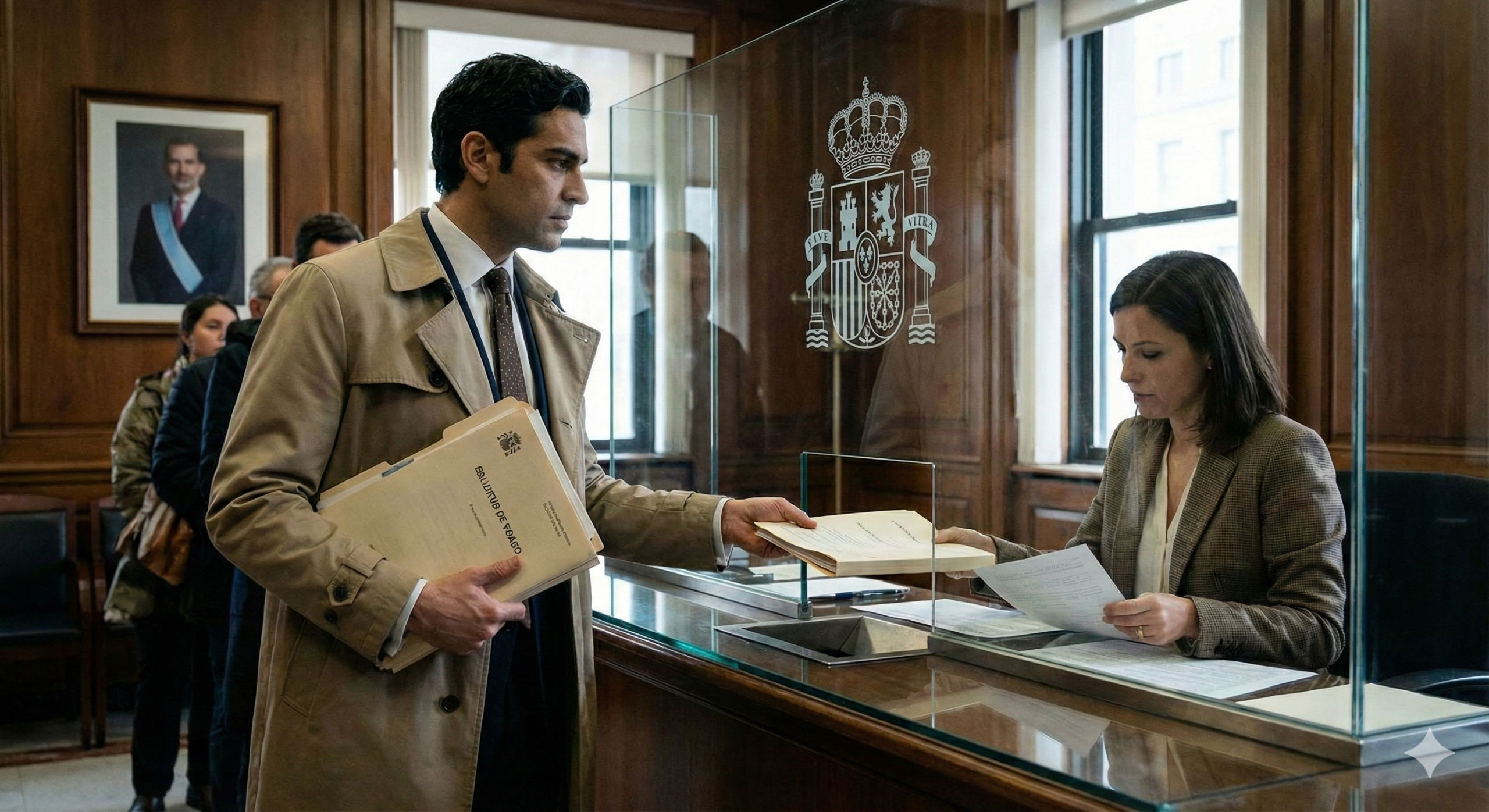 Ciudadano extranjero presentando su solicitud de recuperación de residencia en la ventanilla de un Consulado de España en el extranjero.