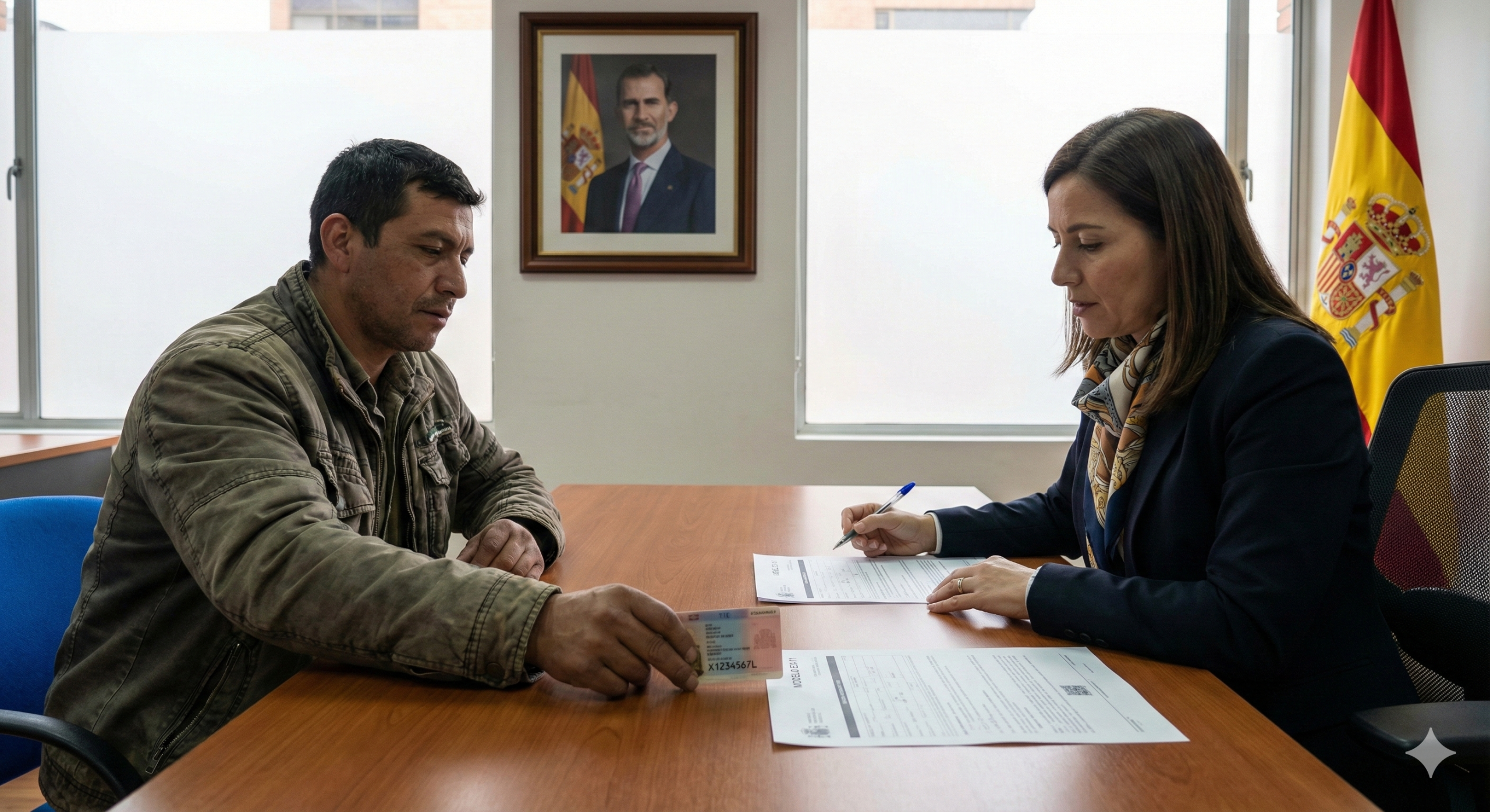 Solicitante en un Consulado de España presentando su antigua tarjeta de residencia caducada y el formulario EX-11 para recuperar su estatus.
