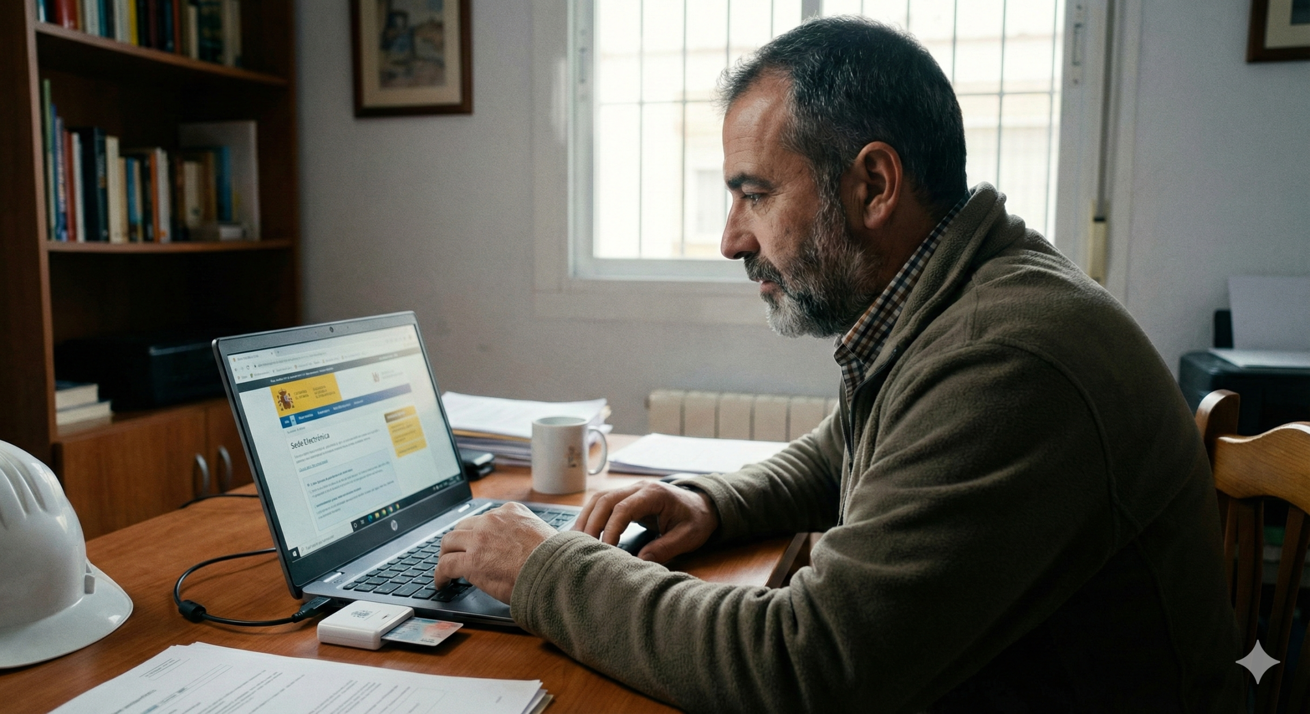 Trabajador extranjero realizando la renovación de su permiso de residencia telemáticamente desde casa, utilizando un lector de tarjetas digital y su ordenador.