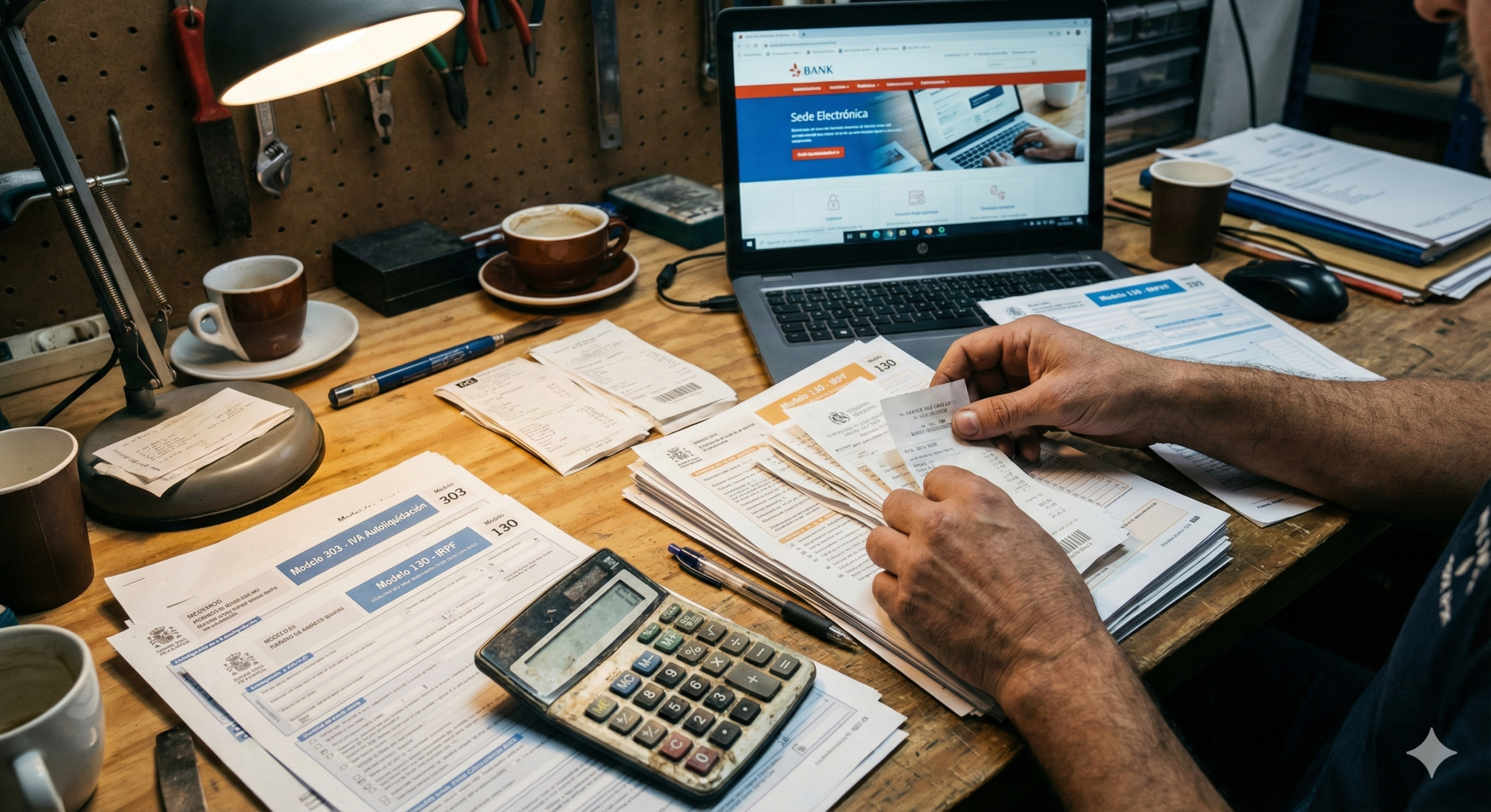 Trabajador autónomo organizando facturas y modelos tributarios (impuestos) en su escritorio para acreditar que está al corriente de pago para la renovación.