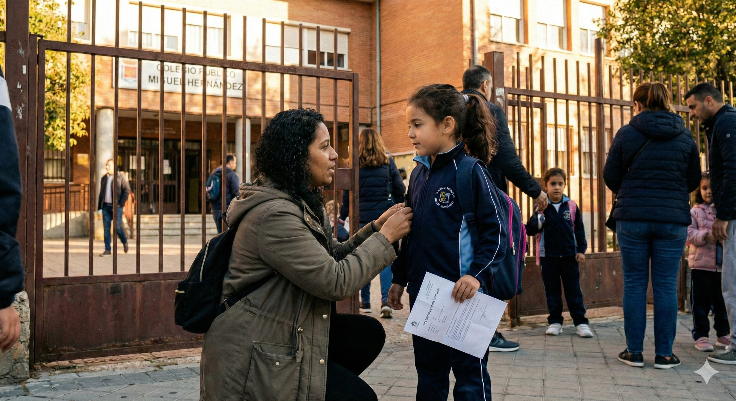 Madre extranjera acompañando a su hijo a la entrada de un colegio español, cumpliendo con el requisito de escolarización para la renovación de la residencia.