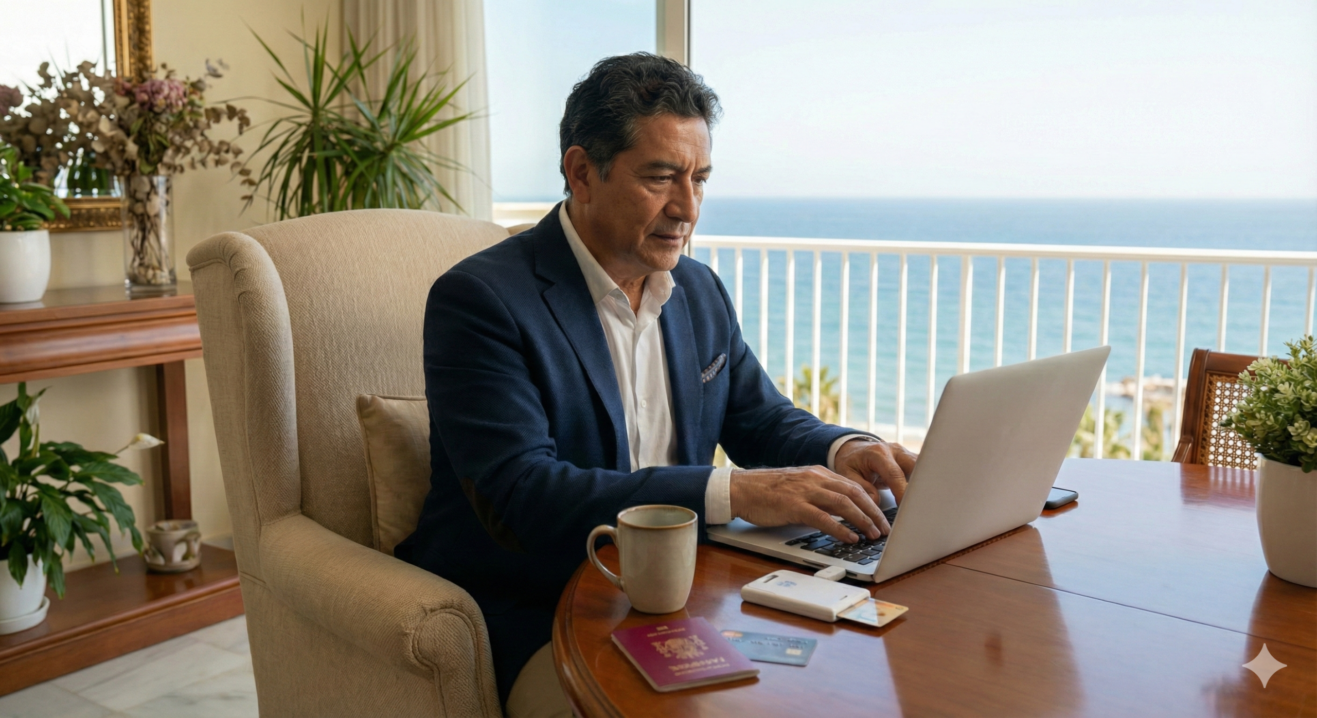 Pareja de residentes extranjeros comprando productos frescos en un mercado local español, demostrando su integración y estancia continuada en el país.