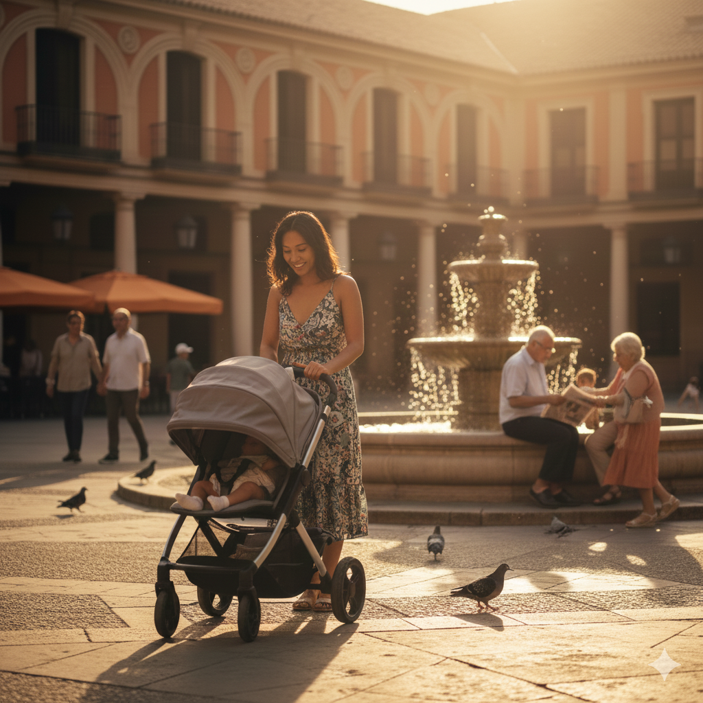 Madre extranjera paseando a su bebé nacido en España por una plaza pública, mostrando la plena integración de la familia en la vida cotidiana.