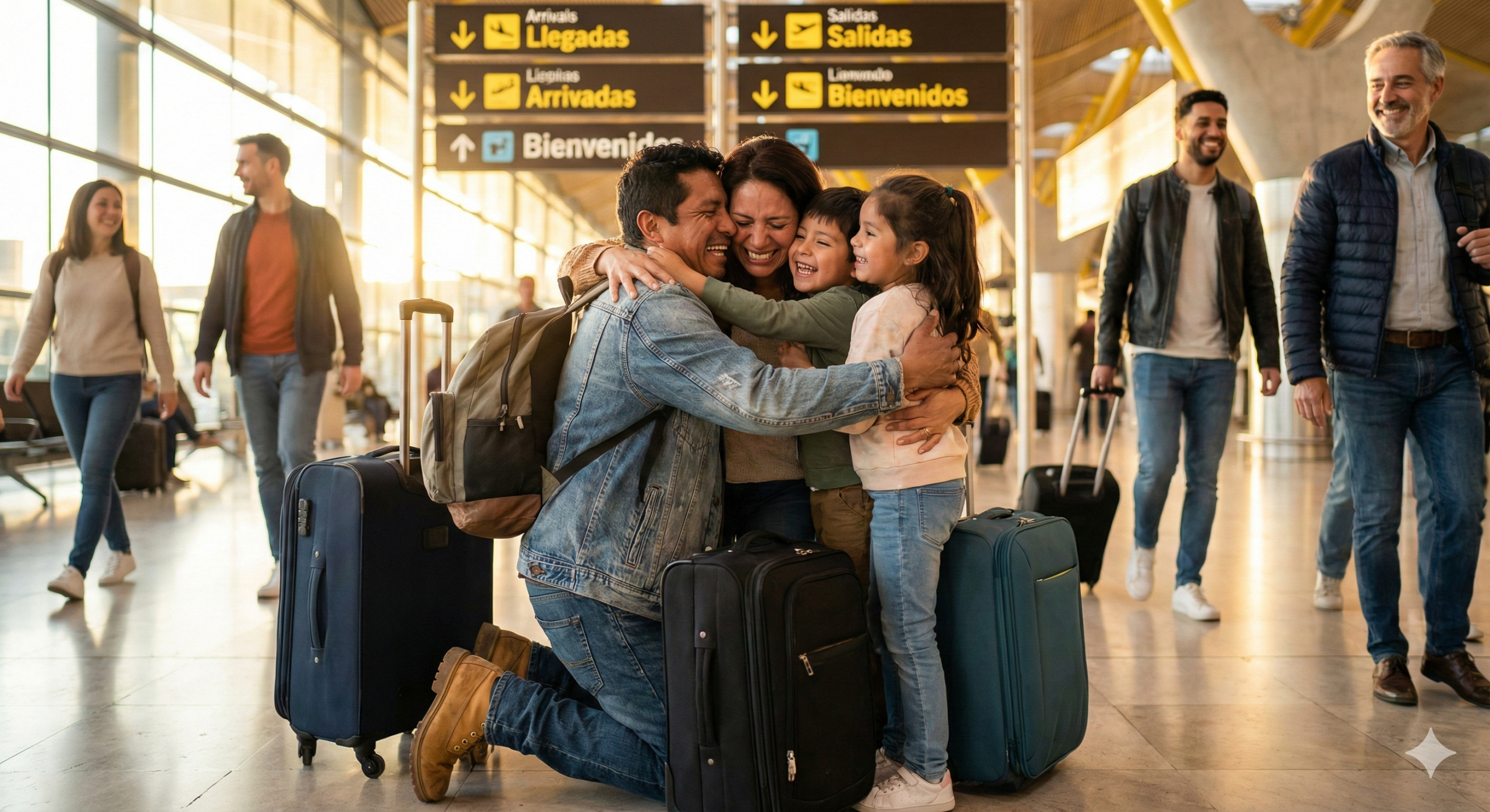 Residente extranjero abrazando emocionado a su cónyuge e hijos en la terminal de llegadas de un aeropuerto español, tras finalizar el proceso de reagrupación.