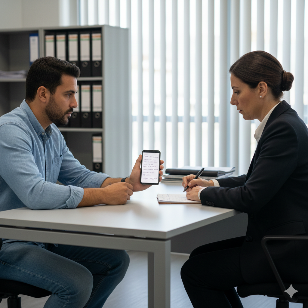 Trabajador presentando pruebas de su actividad laboral irregular ante un inspector en una oficina de la Inspección de Trabajo y Seguridad Social. Trabajador presentando pruebas de su actividad laboral irregular ante un inspector en una oficina de la Inspección de Trabajo y Seguridad Social.