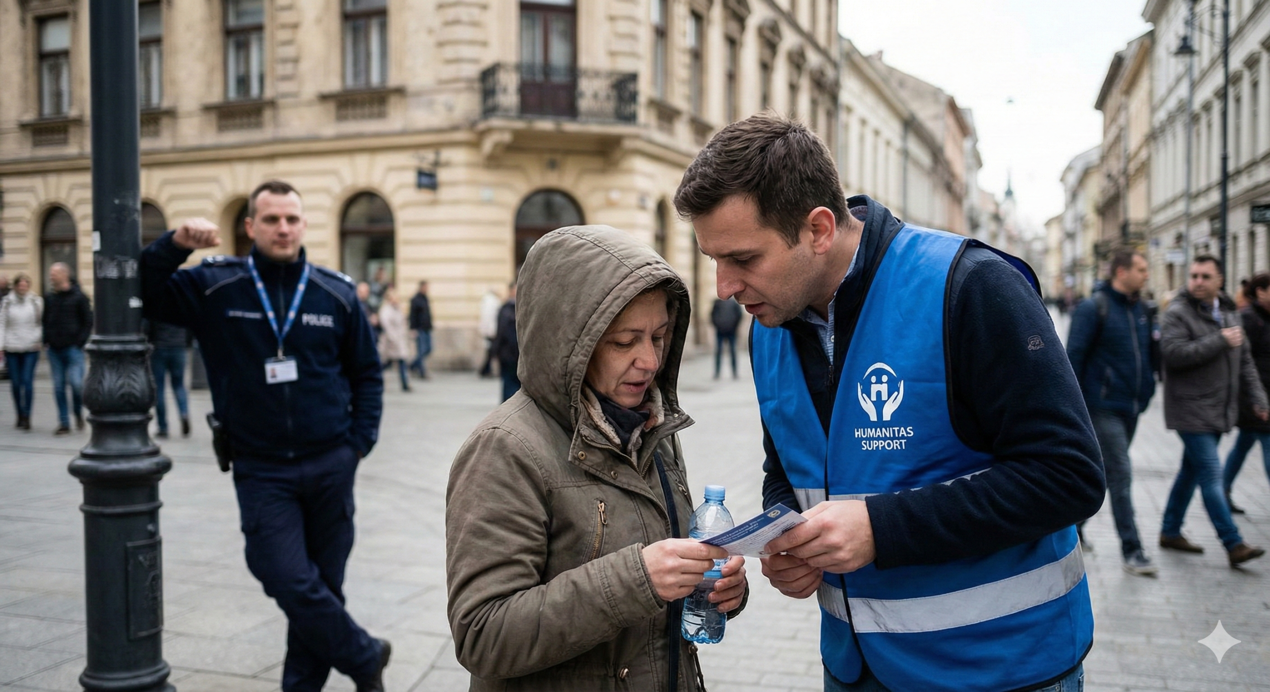 Trabajador social de una ONG especializada ofreciendo asistencia y apoyo a una posible víctima de trata en presencia discreta de la autoridad.