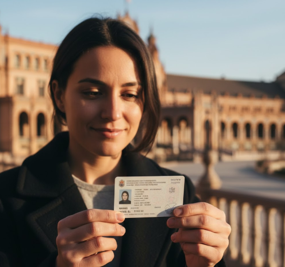 Extranjero recuperando su número NIE con nueva tarjeta TIE en Sevilla