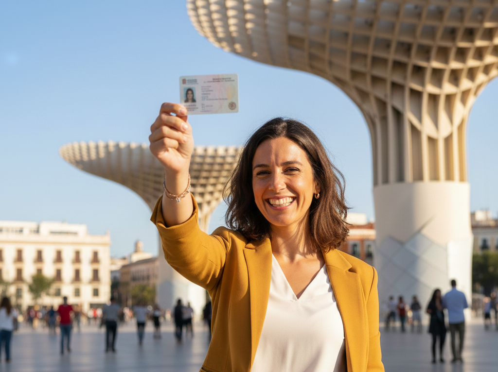 Profesional con nueva tarjeta TIE de trabajo en Las Setas de Sevilla