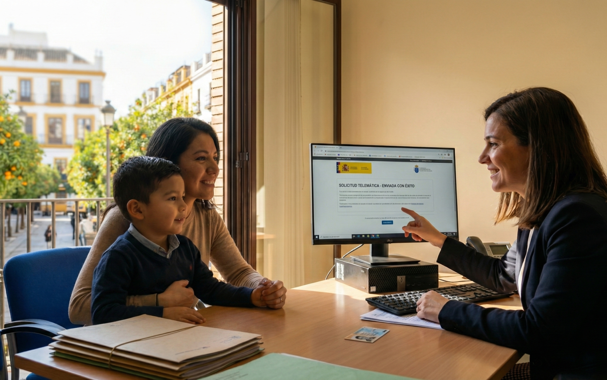 Familia presentando solicitud de arraigo familiar con abogado en Sevilla