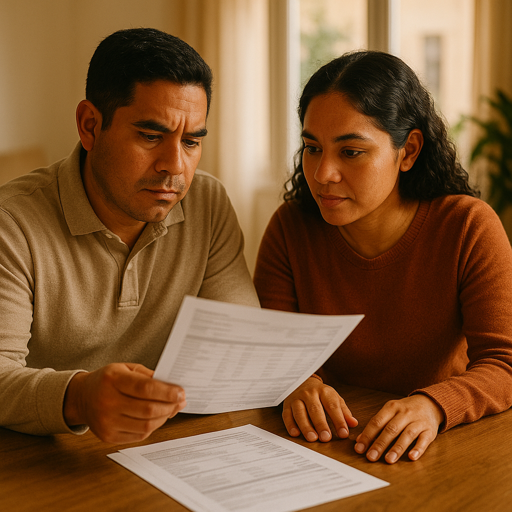 Padres revisando nóminas para residencia de hijo