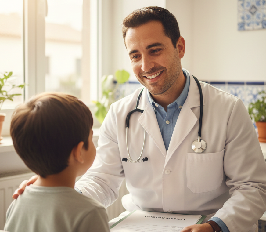 Médico atendiendo a niño extranjero en hospital español