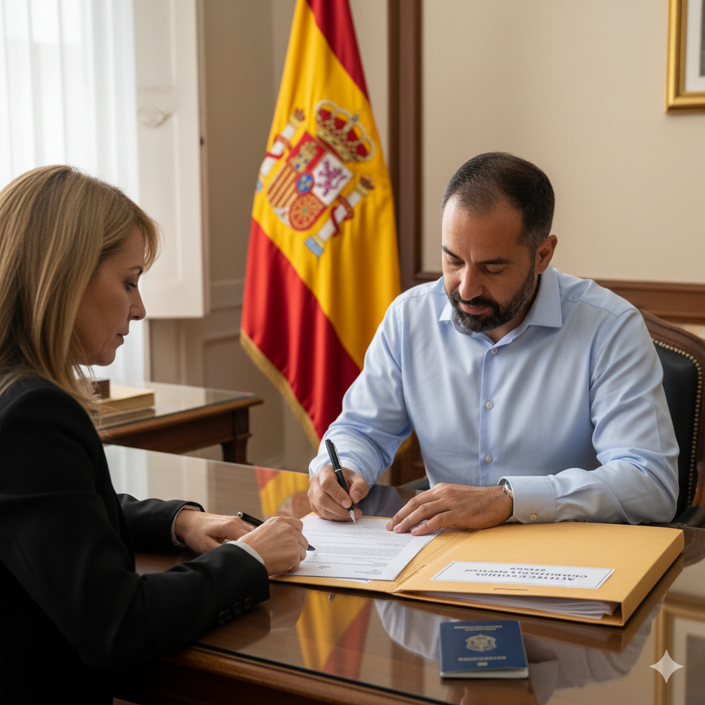 Solicitante firmando documentos de residencia en un Consulado de España en su país de origen tras haber cumplido el periodo de compromiso de no regreso.