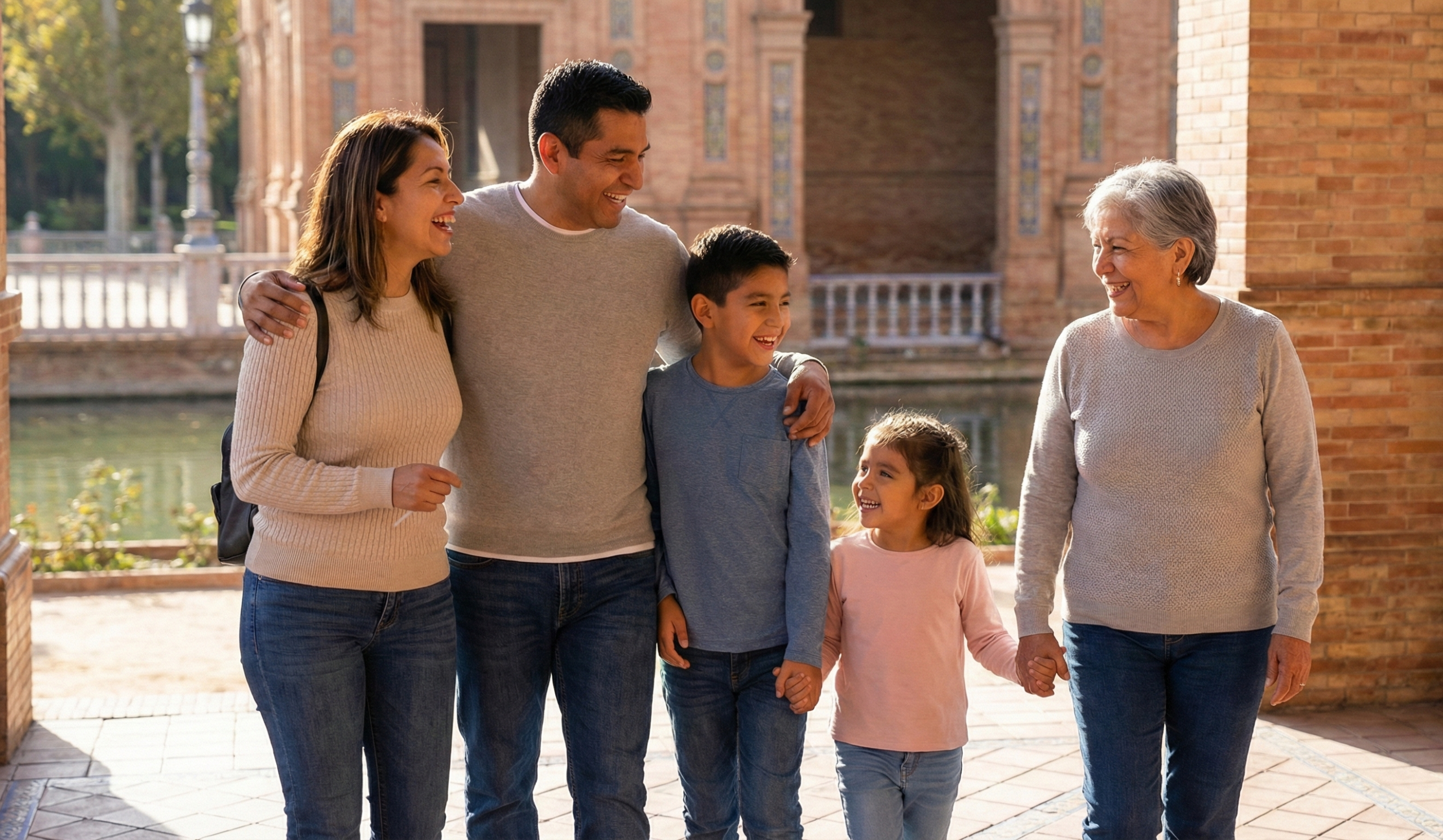 Familiar de ciudadano español llegando a Sevilla con pasaporte y maleta tras obtener la residencia temporal