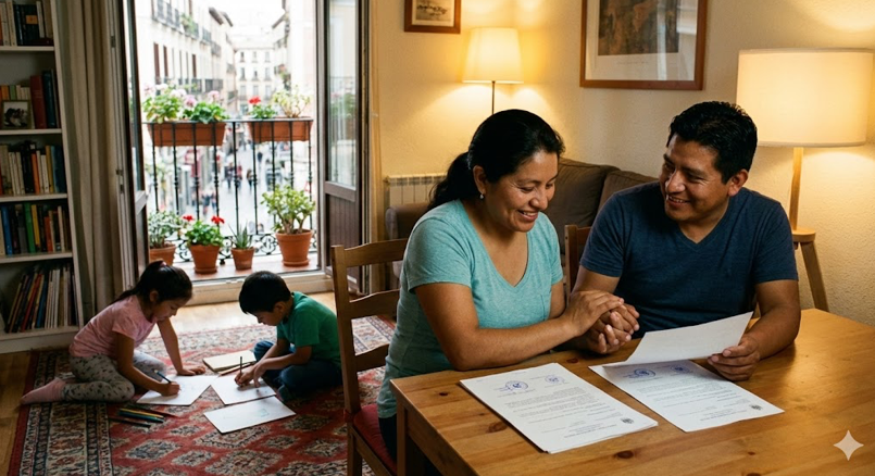 Familia revisando documentos de residencia en su casa, beneficiada por la regularización extraordinaria 2026 en España para familias y menores