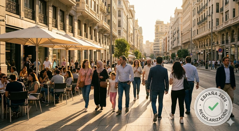Personas caminando por una calle de España durante la regularización extraordinaria 2026